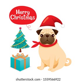 Pug Dog Wearing Christmas Hat With Gift Box And Tree Wish Merry Christmas, New Year, Xmas, Animals, Festive, Celebrations, Holiday