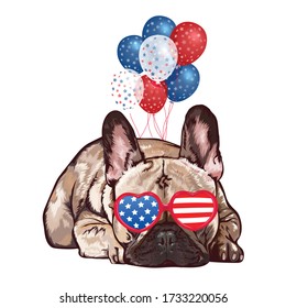 Pug Dog Wearing Heart Shaped Sunglasses. USA Flag. Balloons.vector Art.Can Be Use For T-shirt Design/Sticker Etc.