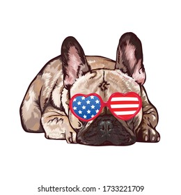 Pug Dog Wearing Heart Shaped Sunglasses. USA Flag.Vector Illustration. Can Be Use For T-shirt Design/Sticker Etc.