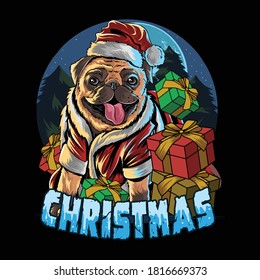 pug dog wearing santa claus hat in the gift