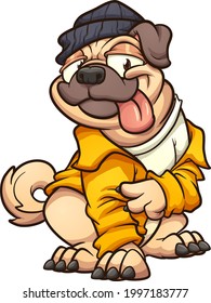 Pug dog wearing a yellow jacket and making the peace sign. Vector clip art illustration with simple gradients. All on a single layer.
