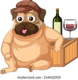 A pug dog with wine bottle and glass illustration