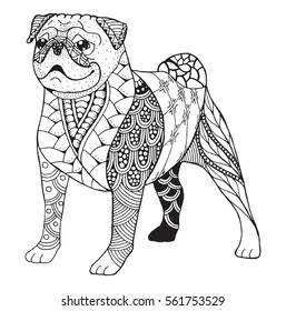 Pug dog zentangle stylized, vector, illustration, freehand pencil, hand drawn, pattern. Zen art. Black and white illustration on white background.