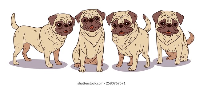 Pug dogs cartoon style cute animals. Four adorable pugs with expressive faces standing together on a white background. Perfect for pet-themed designs