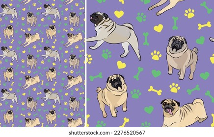 Pug dogs on a playful violet background with bones, hearts, paws. Funky, colorful vibe, vibrant palette. Simple, clean, modern texture.Summer seamless pattern with dogs.Birthday present. Greeting card