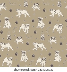Pug dogs and vintage fashion accessories. Hand drawn vector sketch seamless pattern.