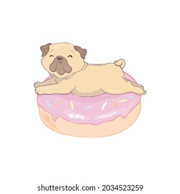 Pug with a donut flat style on a white background. Vector, il