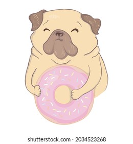 Pug with a donut flat style on a white background. Vector, il