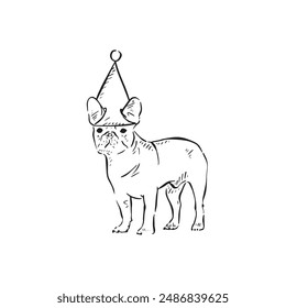  A pug drawn in black and white wearing a party hat. A cute illustration drawn by hand in a sketch style.