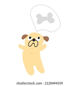 Pug dreaming about bone. Vector hand drawn illustration on white background.
