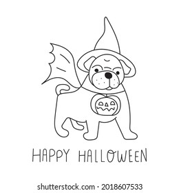 Pug dressed for Halloween party. Outline vector illustration on white background.