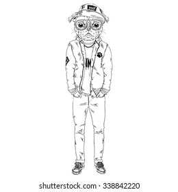 pug dressed up in hip hop style, furry art illustration