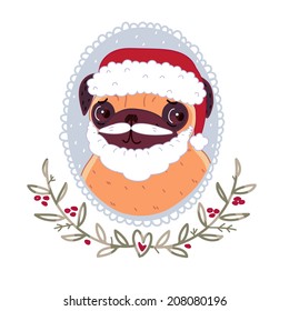 Pug dressed as Santa Claus