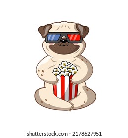 Pug eats popcorn. Vector illustration. Isolate on white background, clipart. 