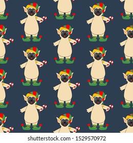 Pug in Elf costume seamless pattern on the blue background. Vector illustration