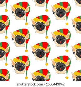 Pug in Elf costume seamless pattern on the white background. Vector illustration