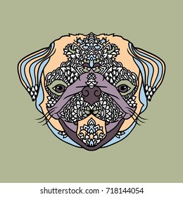 Pug with ethnic floral ornaments for adult coloring book. Zentagle pattern. Vector doodle illustration. Portrait of a cute pet.