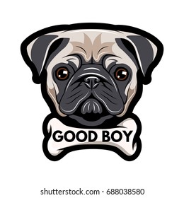 Pug face and bone. Cut out pug silhouette. Pretty dog. Good boy - lettering. Vector illustration isolated on white background