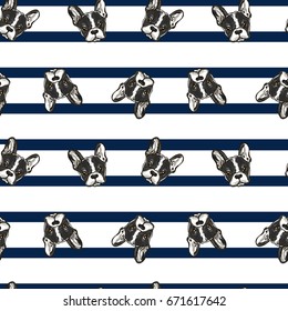 pug face on blue stripe vector pattern