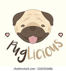 Pug face vector illustration. Cute dog sticking its tongue out. yellow and brown colors. White background