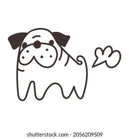 Pug is farting. Vector outline icon illustration on white background.