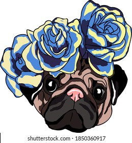 pug with flowers vector illustration. Beautiful wreath of roses. favorite pet. botons of colors. funny dog. pink nose, graphic sketch. Valentine's day greeting card