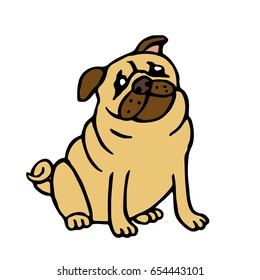 Pug friendly dog. Vector illustration. Funny cartoon fur character. Contour freehand digital drawing cute pet.