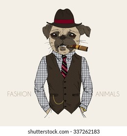 pug gangster with cigar, furry art illustration