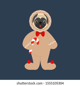 Pug in gingerbread man costume illustration on the blue background. Vector illustration