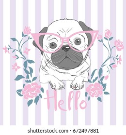 pug with glasses , sketch, vector illustration