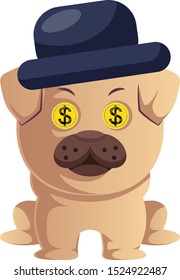 Pug with hat, illustration, vector on white background.