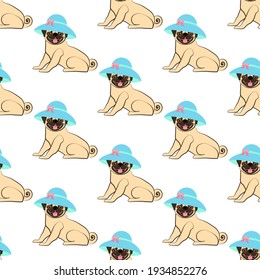 Pug in hat seamless pattern on the white background. Vector illustration