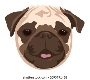 Pug head. Cartoon hero puppy. The dog with his tongue sticking out is smiling. Color drawing is isolated on a white background.