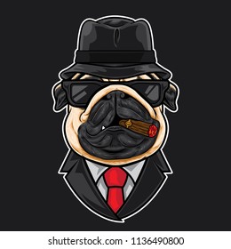 Pug head cartoon mafia