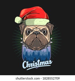 pug head with christmas hat illustration vector graphic