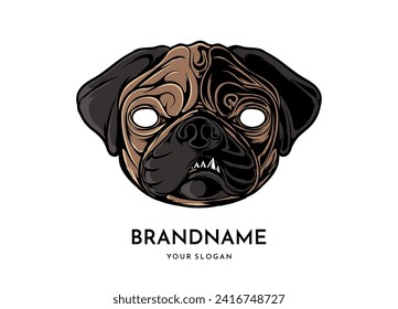 Pug head face logo, isolated on white background, animal team emblem, design elements, vector illustration