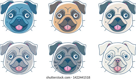 Pug head icons with different colors