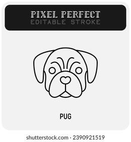 Pug head thin line icon. Dog breed. Editable stroke. Vector illustration.