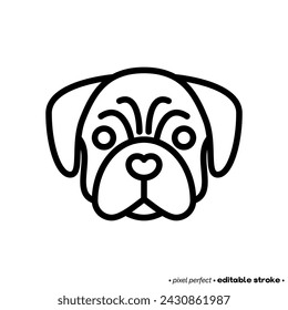 Pug head thin line icon. Dog breed. Editable stroke. Vector illustration.