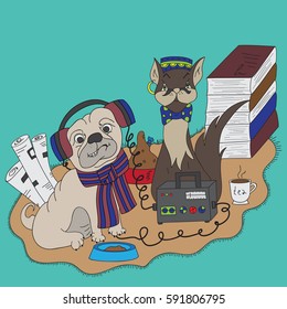 Pug in headphones listening to the radio. Cat and coffee. Books and newspapers on the carpet. Pet food in bowls. Freehand sketch. Bright illustration.