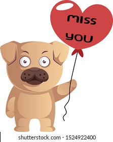 Pug with heart balloon, illustration, vector on white background.