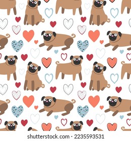 Pug and hearts. Seamless pattern, vector illustration