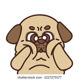 The pug holds his cheeks. Cute illustration.
