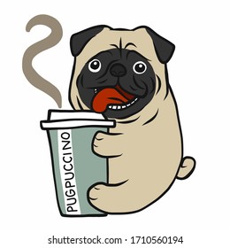 Pug hug take away coffee cup cartoon vector illustration