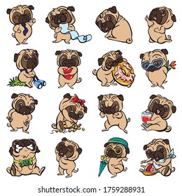 Pug icons set. Cartoon set of pug vector icons for web design