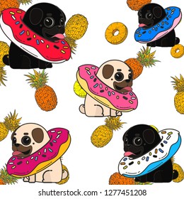 pug in an inflatable circle with pineapples in the background. Vector illustration