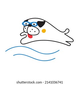 Pug jump into water. Outline vector illustration on white background.