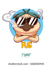 Pug life. Print on T-shirts, sweatshirts and souvenirs. Brutal pug gangster with gold chain. Vector illustration