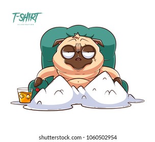 Pug life. Print on T-shirts, sweatshirts and souvenirs. Brutal pug gangster sits in front of a mountains of white powder. Vector illustration