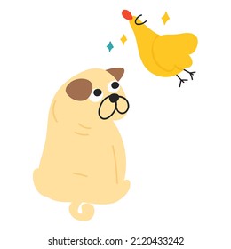 Pug looking at flying duck. Funny vector illustration on white background.